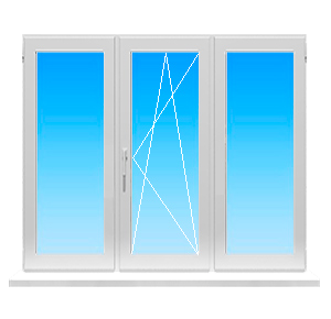 Пластиковое окно с тремя створками дав глухих и одно поворотнооткижное